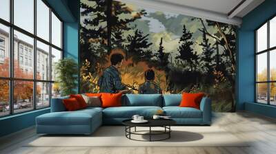 Two Boys Sitting by a Campfire in a Forest Wall mural