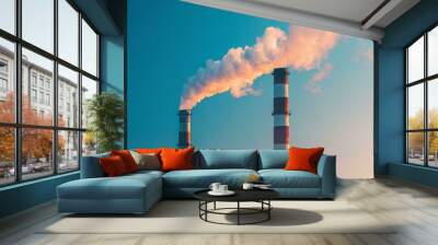 two industrial factory chimneys polluting the sky with toxic fumes Wall mural