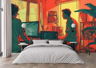 Two Men Sitting In A Room With Computers And Televisions Wall mural