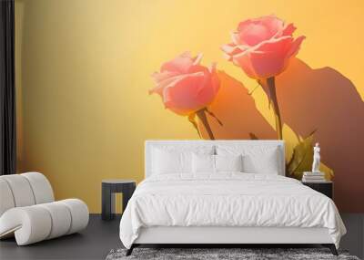 Two Pink Roses with Shadows on a Yellow Background Wall mural