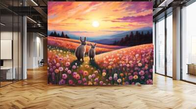 Two rabbits in a field of flowers at sunset Wall mural