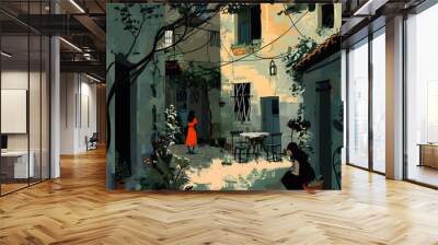 Two Women Sitting in a Courtyard with Greenery Wall mural