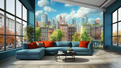 Vibrant Cityscape with Green Roofs and Sunny Day Wall mural