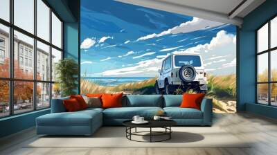 White Jeep on a Sandy Beach Wall mural