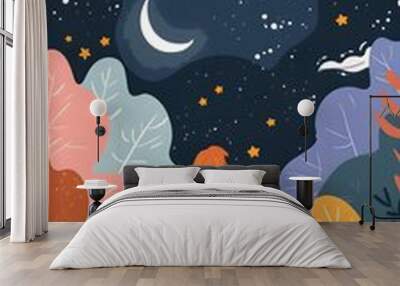 Woman Looking at the Night Sky with Stars and Moon Wall mural