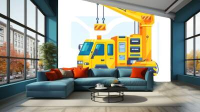 Yellow Crane Truck With Crane Arm Up Illustration Wall mural