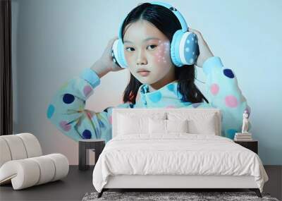 Young Asian Girl Listening to Music with Headphones and Polka Dot Jacket Wall mural