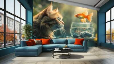 Curious Cat Gazing at a Goldfish in a Glass Bowl Wall mural