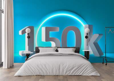 150K Followers. Achievement in 150K followers. 150000 followers background. Congratulating networking thanks, net friends abstract image, customers. 3d rendering. Isolated like and thumbs. Web banner. Wall mural