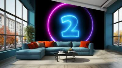 2 number text font with neon light. Luminous and shimmering haze inside the letters of the text 
two. 2 number neon sign. Wall mural