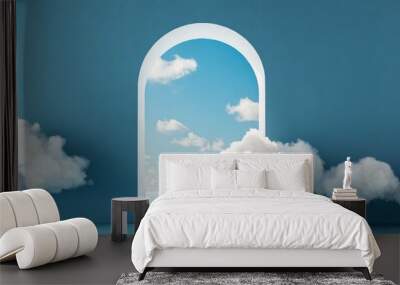 3d render, abstract minimal blue background with white clouds flying out the tunnel Wall mural