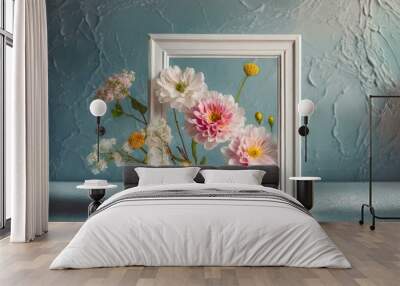 A creative design featuring flowers within a white frame, embodying a minimalistic spring concept Wall mural