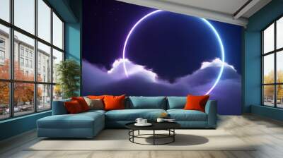 Abstract cloud illuminated with neon light ring on dark night sky. Glowing geomet  Wall mural