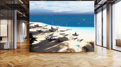 Beautiful tropical daylight scenery, two sun beds, loungers, umbrella under palm tree. White sand,sea view with horizon, calmness and relaxation. Inspirational beach resort hotel drone. 3d rendering.
 Wall mural