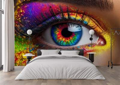 Close-up view of female eye with bright multicolored fashion makeup. Holi Indian festival of colors inspiration. Studio macro shot  Wall mural