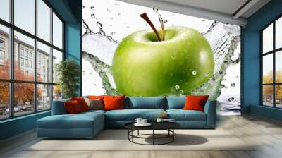 Green Apple amid splashing water. half isolated on white Wall mural