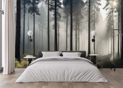 green forest with mist and clear blank space Wall mural