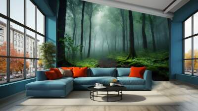 green forest with mist and clear blank space Wall mural