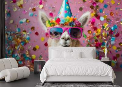 Happy Birthday, carnival, New Year's eve, sylvester or other festive celebration, funny animals card banner - Alpaca with party hat and sunglasses on pink background with confetti. Wall mural