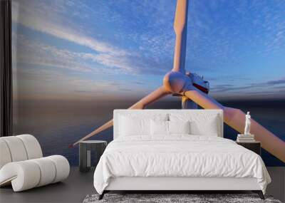 Offshore wind turbines farm on the ocean. Sustainable energy production, clean power. Close-up wind turbine. 3D Rendering Wall mural