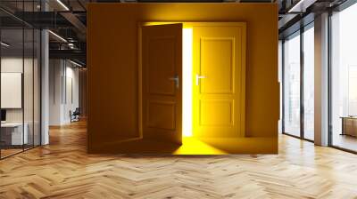 Open the door. Symbol of new career, opportunities, business ventures and initiative. Business concept. 3d render, white light inside open door isolated on yellow background. Modern minimal concept. Wall mural