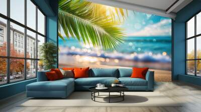 Palm tree on tropical beach with blue sky and white clouds abstract background.	
 Wall mural