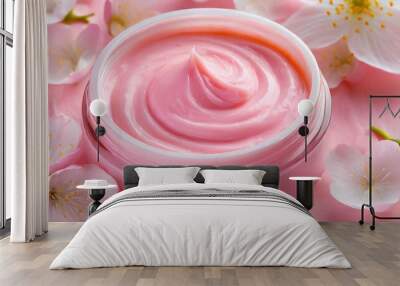 Pink cosmetic cream texture. Face creme, body lotion surface. Skincare creamy product background  Wall mural