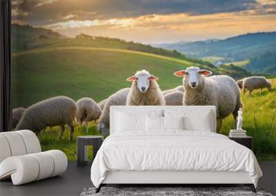 Sheeps in a meadow on green grass at sunset. Portrait of sheep. Flock of sheep grazing in a hill.	
 Wall mural