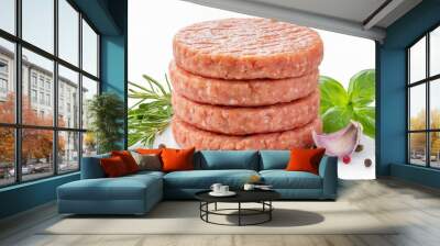 Stack of fresh raw burger patty isolated clipping path white background Wall mural