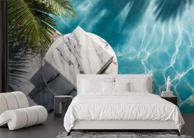 Stone podium stand in luxury blue pool water. Summer background of tropical design product placement display. Hotel resort poolside backdrop. Wall mural