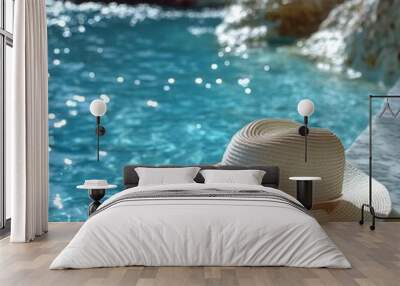 A stylish sun hat and sunglasses resting on a marble ledge by a sparkling blue pool. Wall mural