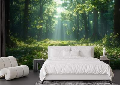 Cartoon-inspired deep forest scenery, crafted as a backdrop for video game digital CG artwork, Wall mural