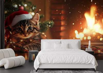 A cat wearing a Santa hat is laying on a Christmas tree Wall mural