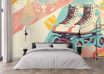 A colorful poster of a pair of skates with a skateboard on it Wall mural