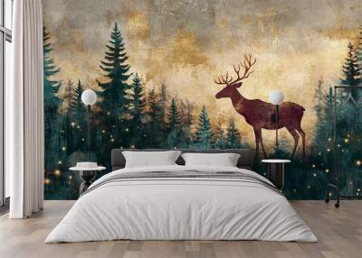 A deer is standing in a forest with trees and a sky in the background Wall mural