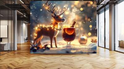 A deer is standing in front of a glass of hot chocolate with a cinnamon stick Wall mural