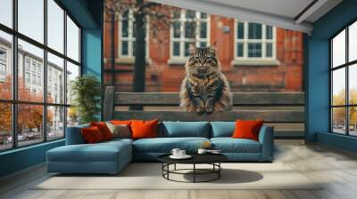 A fluffy cat sitting on a bench in front of an old-fashioned school building, with red brick walls and classic windows Wall mural