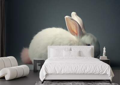 A fluffy white rabbit with a soft, round pink tail sitting calmly on a smooth gray studio background. Wall mural