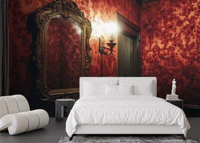 A large mirror is hanging on the wall of a room with red wallpaper Wall mural