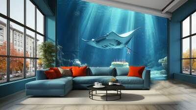 A majestic manta ray gliding through the water with a ribbon tied around its fin Wall mural