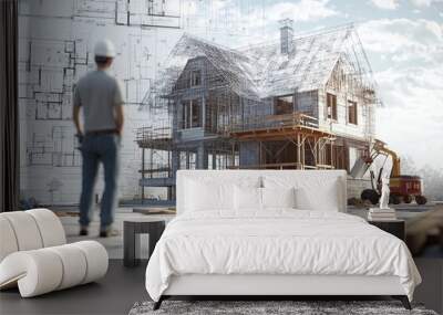 A man stands in front of a house that is being built Wall mural