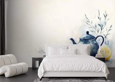 A minimalist watercolor featuring a teapot and two cups Wall mural