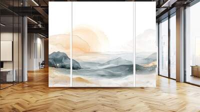 A painting of a beach with a sun in the sky Wall mural