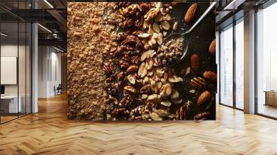 A spoon is scooping up a mixture of nuts and sugar Wall mural