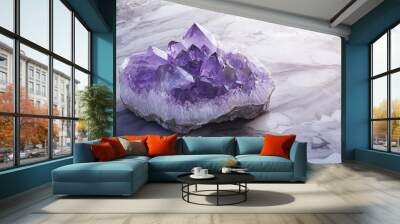 A stunning amethyst crystal resting on a bed of smooth, grey marble. Wall mural