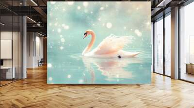 A swan is swimming in a body of water with a blue background Wall mural