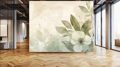 A watercolor painting of a flower with green leaves Wall mural