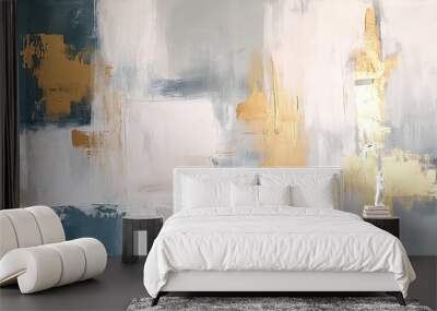 An abstract painting featuring a sophisticated palette of white and gold Wall mural