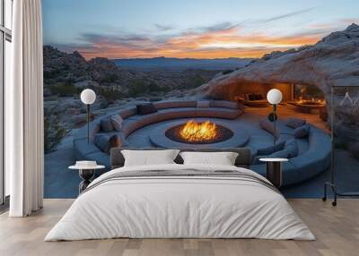 Modern Outdoor Fire Pit Area with Sectional Sofas and Warm Throws Wall mural