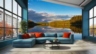 Idyllic panorama landscape of Swedish lake sunset Wall mural